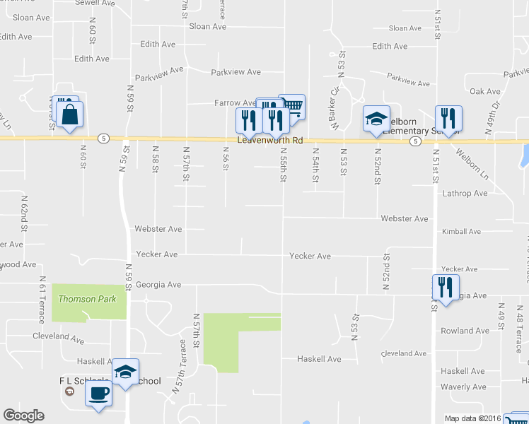 map of restaurants, bars, coffee shops, grocery stores, and more near 5523 Webster Avenue in Kansas City