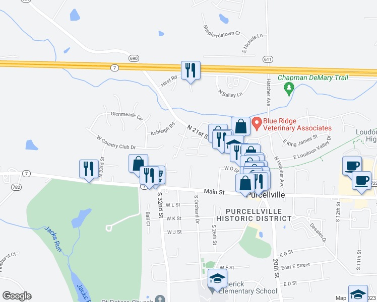 map of restaurants, bars, coffee shops, grocery stores, and more near 317 Addivon Terrace in Purcellville