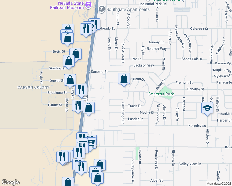 map of restaurants, bars, coffee shops, grocery stores, and more near 101 Windtree Cir in Carson City