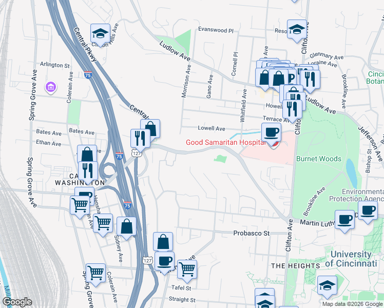 map of restaurants, bars, coffee shops, grocery stores, and more near 587 Martin Luther King Drive West in Cincinnati