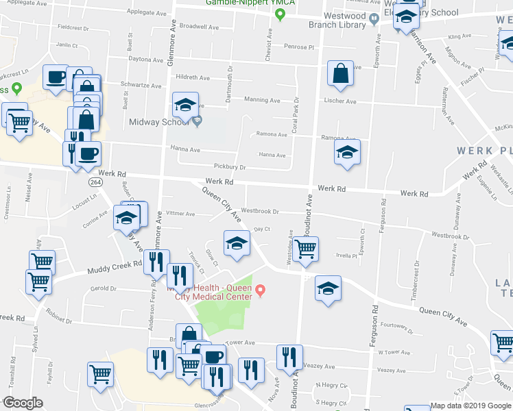map of restaurants, bars, coffee shops, grocery stores, and more near 3168 Westbrook Drive in Cincinnati