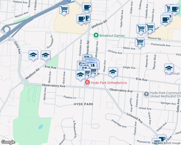 map of restaurants, bars, coffee shops, grocery stores, and more near 2700 Erie Avenue in Cincinnati