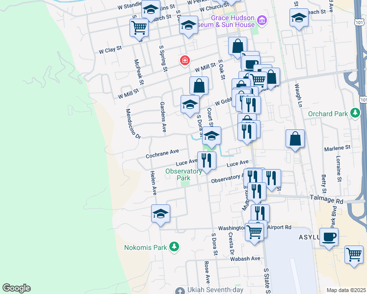 map of restaurants, bars, coffee shops, grocery stores, and more near 400 Cochrane Avenue in Ukiah