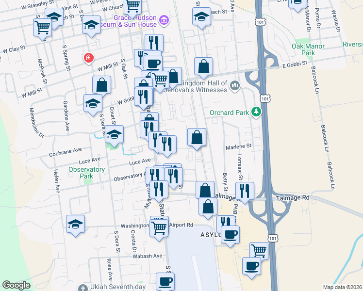 map of restaurants, bars, coffee shops, grocery stores, and more near 192 Cherry Street in Ukiah