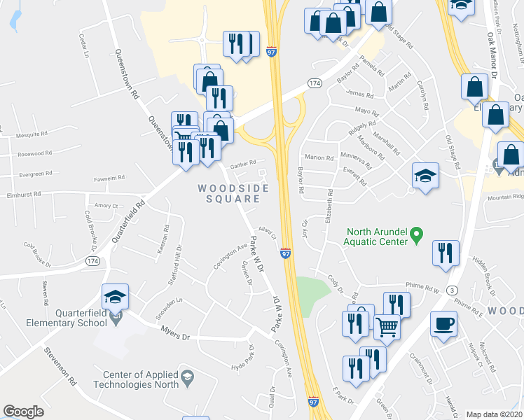 map of restaurants, bars, coffee shops, grocery stores, and more near 570 Glen Court in Glen Burnie