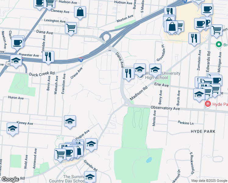 map of restaurants, bars, coffee shops, grocery stores, and more near 2343 Vista Pl in Cincinnati