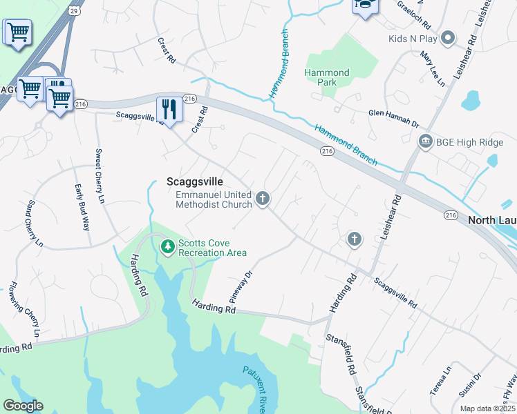 map of restaurants, bars, coffee shops, grocery stores, and more near 10755 Scaggsville Road in Laurel