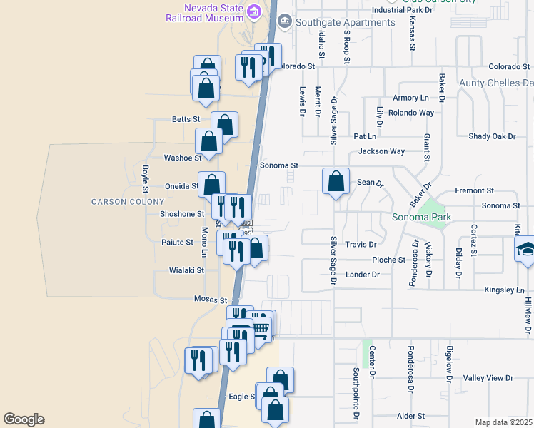 map of restaurants, bars, coffee shops, grocery stores, and more near 3059 South Carson Street in Carson City