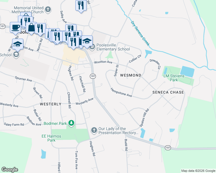map of restaurants, bars, coffee shops, grocery stores, and more near 19300 Hempstone Avenue in Poolesville