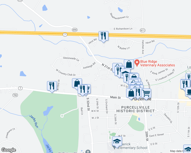 map of restaurants, bars, coffee shops, grocery stores, and more near 403 Yorkshire Ridge Court in Purcellville