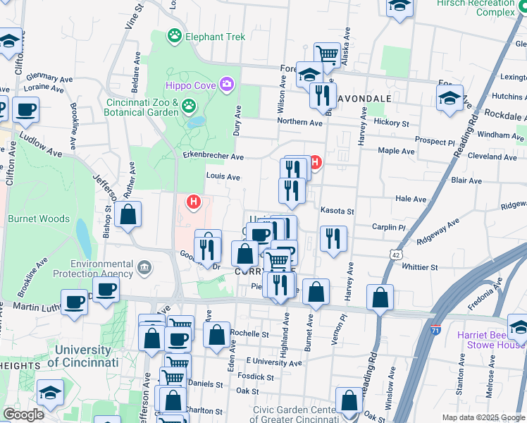 map of restaurants, bars, coffee shops, grocery stores, and more near 239 Albert Sabin Way in Cincinnati