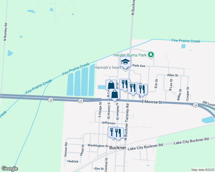 map of restaurants, bars, coffee shops, grocery stores, and more near 104 North Central Street in Buckner
