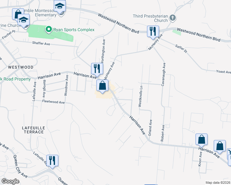 map of restaurants, bars, coffee shops, grocery stores, and more near 2400 Harrison Avenue in Cincinnati