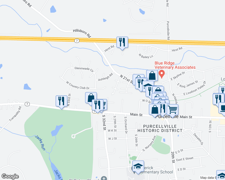 map of restaurants, bars, coffee shops, grocery stores, and more near 405 Yorkshire Ridge Court in Purcellville