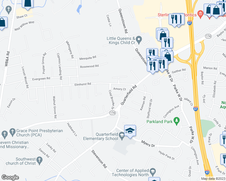 map of restaurants, bars, coffee shops, grocery stores, and more near 815 Amory Court in Severn