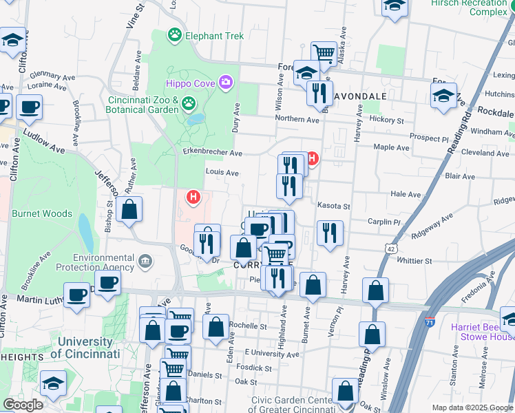 map of restaurants, bars, coffee shops, grocery stores, and more near 231 Albert Sabin Way in Cincinnati
