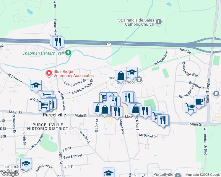 map of restaurants, bars, coffee shops, grocery stores, and more near 525 Wordsworth Circle in Purcellville