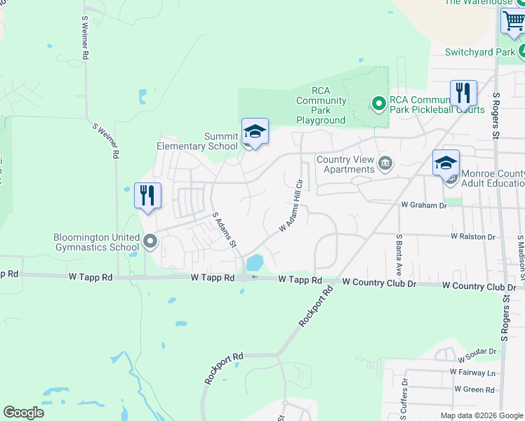 map of restaurants, bars, coffee shops, grocery stores, and more near 2638 South Isabel Court in Bloomington