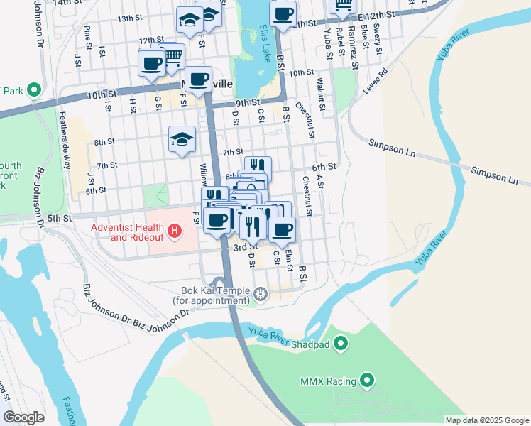 map of restaurants, bars, coffee shops, grocery stores, and more near 301 4th Street in Marysville