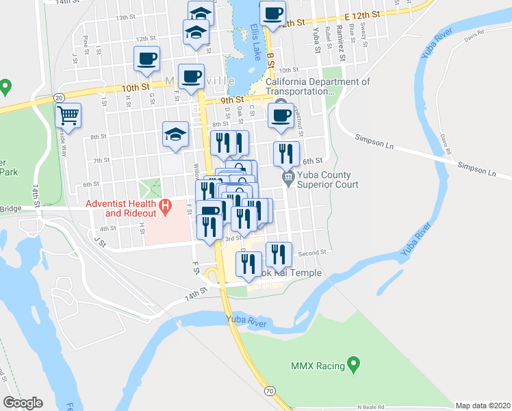 map of restaurants, bars, coffee shops, grocery stores, and more near 301 4th Street in Marysville