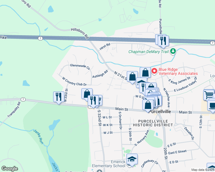 map of restaurants, bars, coffee shops, grocery stores, and more near 405 Yorkshire Ridge Court in Purcellville