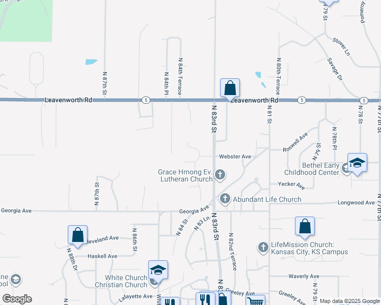 map of restaurants, bars, coffee shops, grocery stores, and more near 2920 North 83rd Terrace in Kansas City