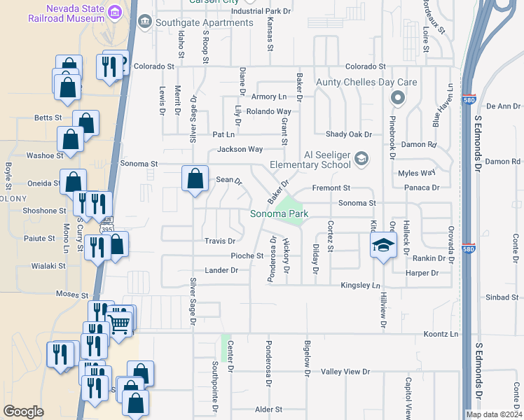 map of restaurants, bars, coffee shops, grocery stores, and more near 740 Stafford Way in Carson City
