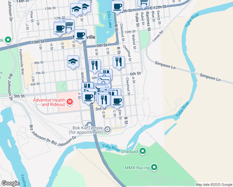 map of restaurants, bars, coffee shops, grocery stores, and more near 407 C Street in Marysville