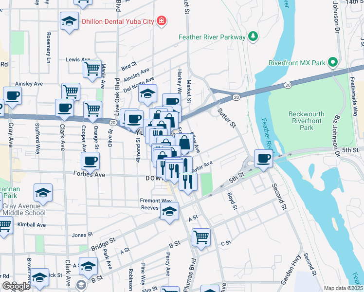 map of restaurants, bars, coffee shops, grocery stores, and more near 754 Shasta Street in Yuba City