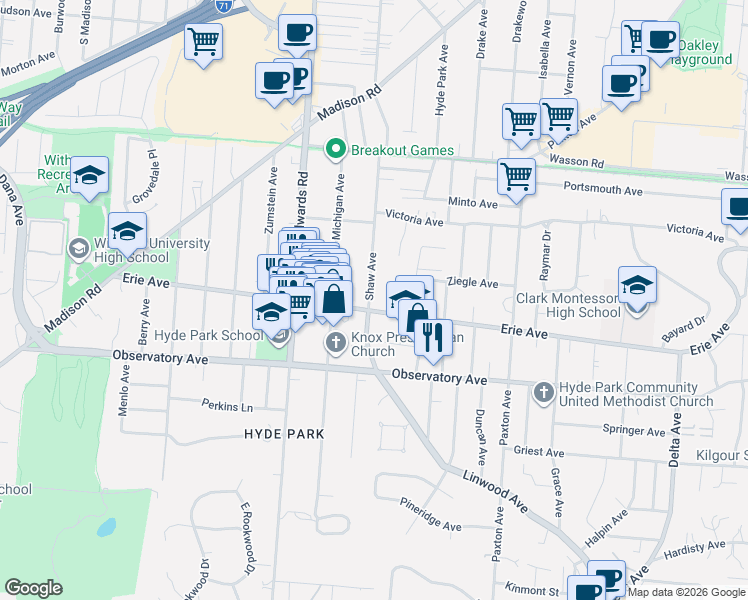 map of restaurants, bars, coffee shops, grocery stores, and more near 2812 Erie Avenue in Cincinnati