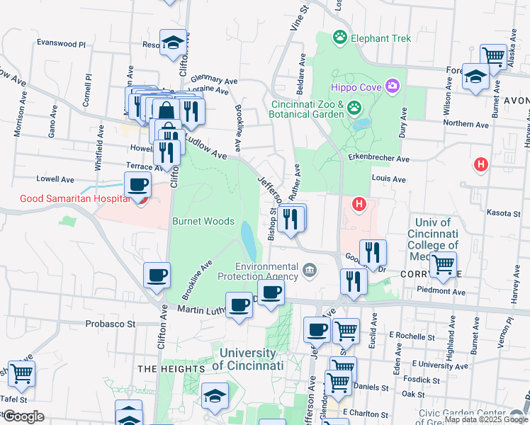 map of restaurants, bars, coffee shops, grocery stores, and more near 3239 Bishop Street in Cincinnati
