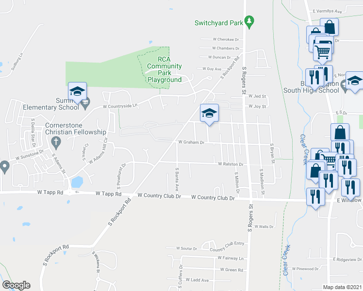 map of restaurants, bars, coffee shops, grocery stores, and more near 2505 South Banta Avenue in Bloomington