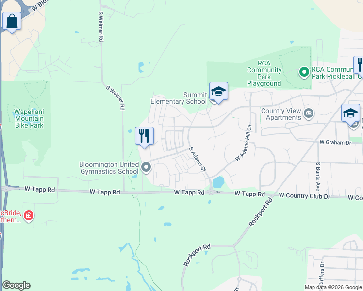 map of restaurants, bars, coffee shops, grocery stores, and more near 1752 West Sunstone Drive in Bloomington