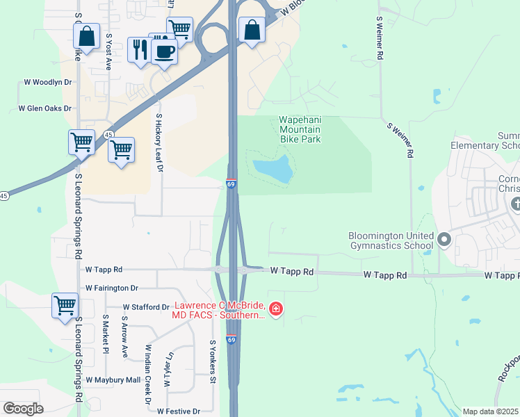 map of restaurants, bars, coffee shops, grocery stores, and more near State Highway 37 in Bloomington