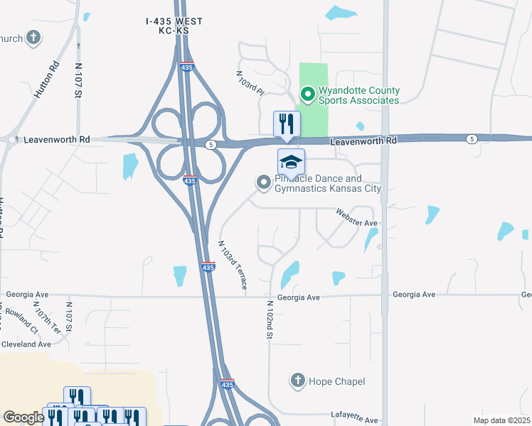 map of restaurants, bars, coffee shops, grocery stores, and more near 10227 Webster Avenue in Kansas City