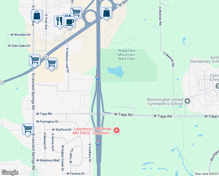 map of restaurants, bars, coffee shops, grocery stores, and more near 2501 Cooperative Way in Bloomington