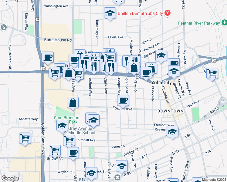 map of restaurants, bars, coffee shops, grocery stores, and more near 725 Louise Ave in Yuba City