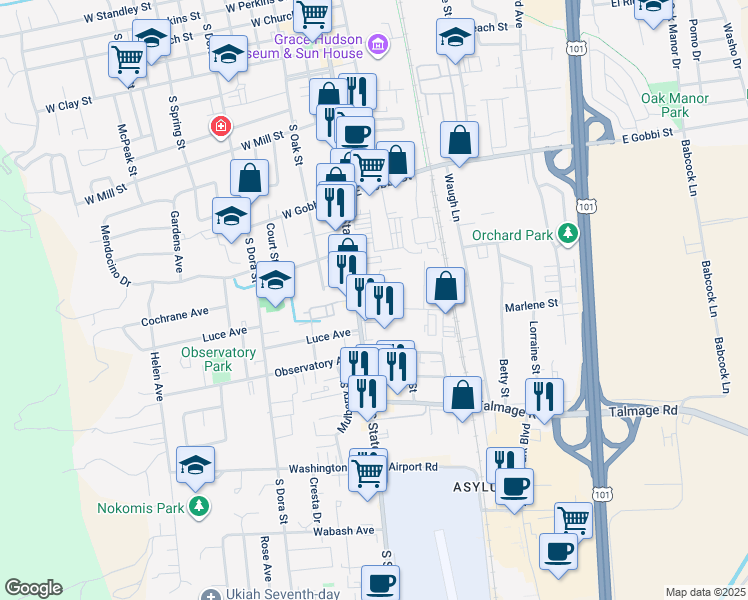 map of restaurants, bars, coffee shops, grocery stores, and more near 106 Cherry Street in Ukiah