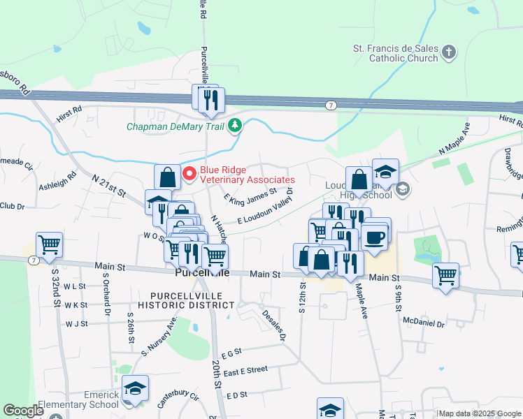 map of restaurants, bars, coffee shops, grocery stores, and more near 331 East Loudoun Valley Drive in Purcellville