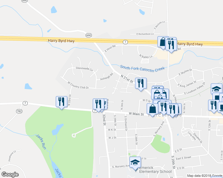 map of restaurants, bars, coffee shops, grocery stores, and more near 409 Yorkshire Ridge Court in Purcellville