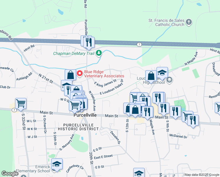 map of restaurants, bars, coffee shops, grocery stores, and more near 331 East Loudoun Valley Drive in Purcellville