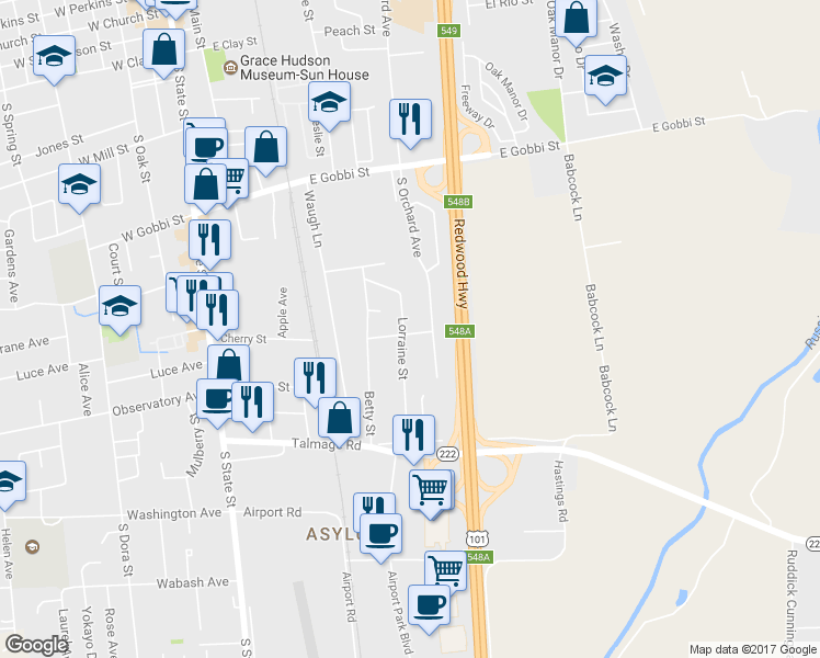 map of restaurants, bars, coffee shops, grocery stores, and more near 40 Lorraine Street in Ukiah