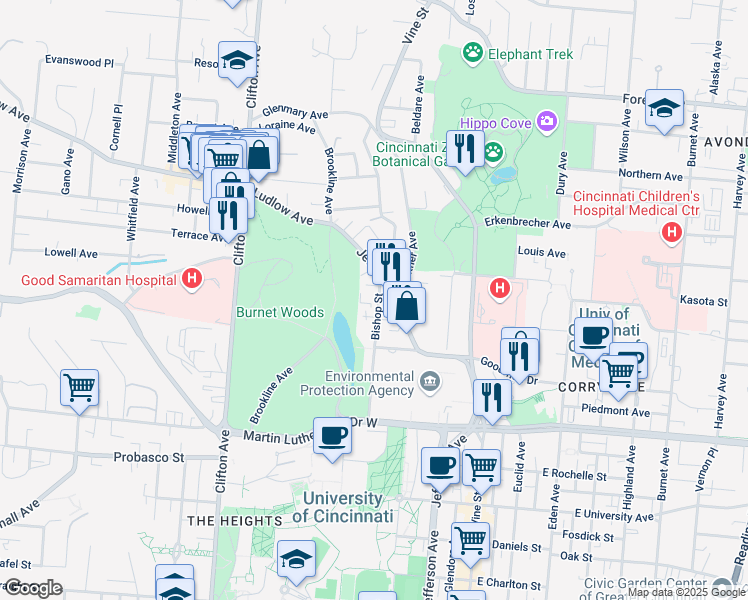 map of restaurants, bars, coffee shops, grocery stores, and more near 3245 Bishop Street in Cincinnati