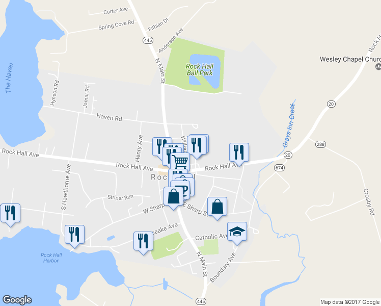 map of restaurants, bars, coffee shops, grocery stores, and more near 5857 Williams Street in Rock Hall