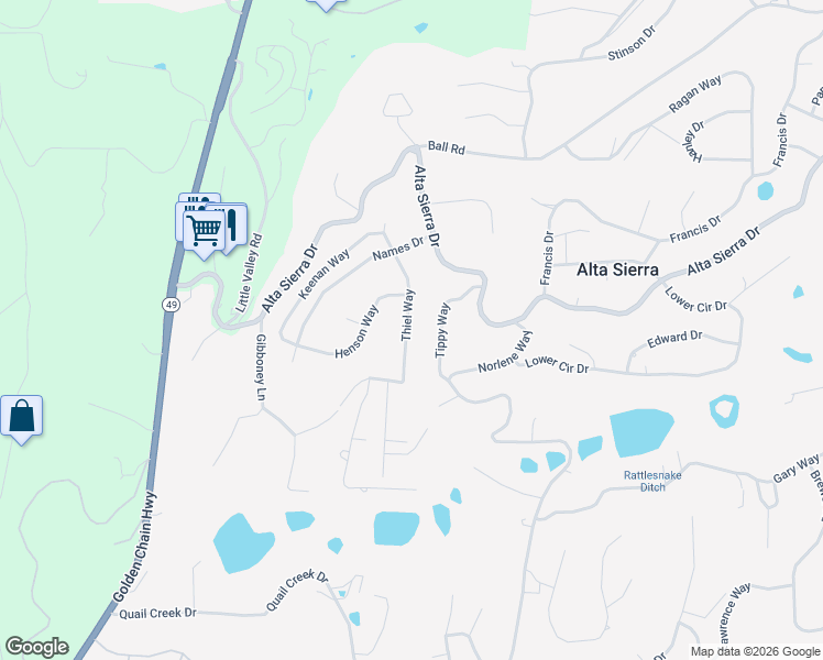 map of restaurants, bars, coffee shops, grocery stores, and more near 15841 Thiel Way in Grass Valley