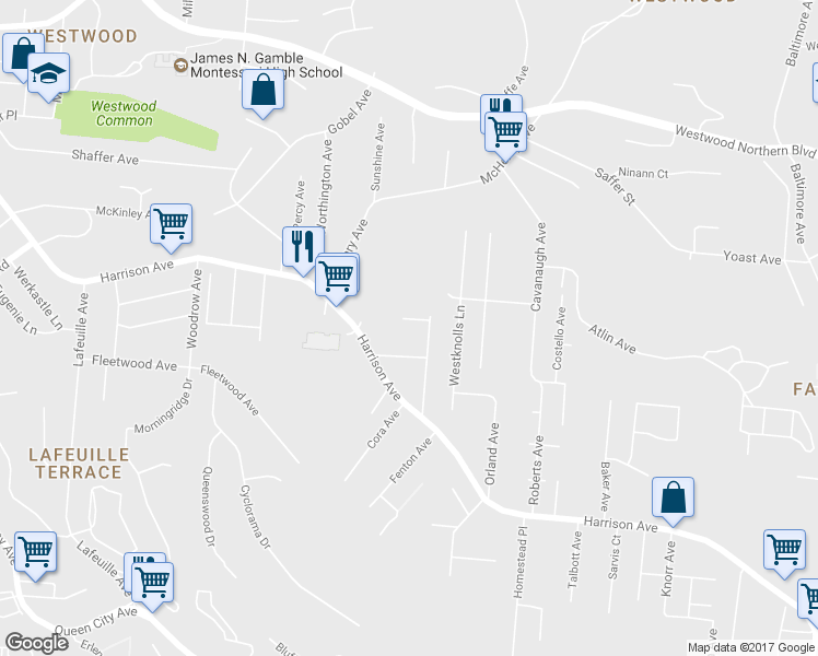 map of restaurants, bars, coffee shops, grocery stores, and more near 2315 Kline Avenue in Cincinnati