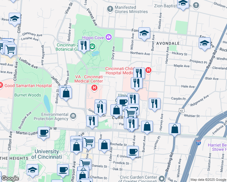 map of restaurants, bars, coffee shops, grocery stores, and more near 3255 Eden Avenue in Cincinnati