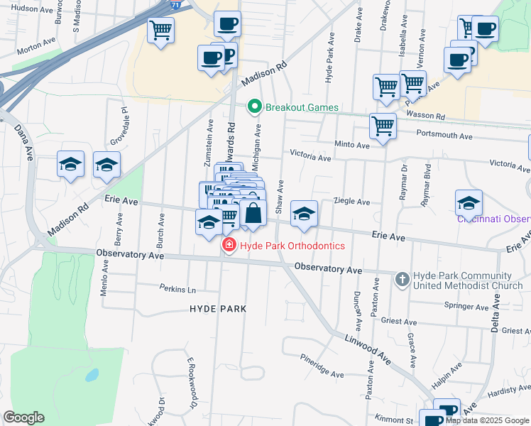 map of restaurants, bars, coffee shops, grocery stores, and more near 2752 Erie Avenue in Cincinnati