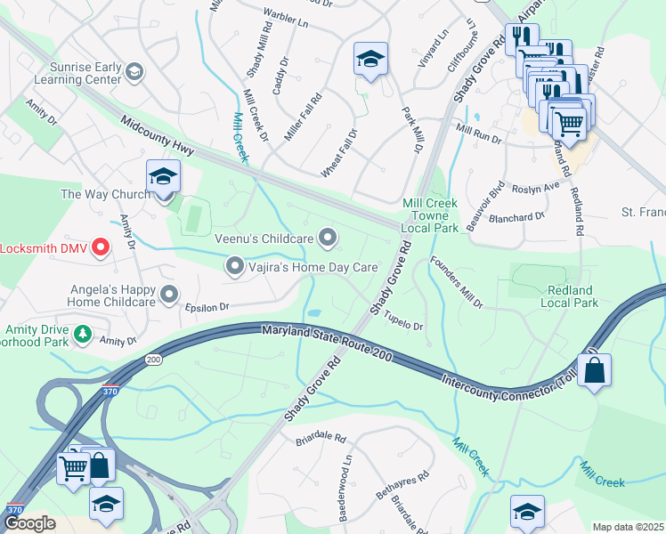 map of restaurants, bars, coffee shops, grocery stores, and more near 7525 Epsilon Drive in Derwood
