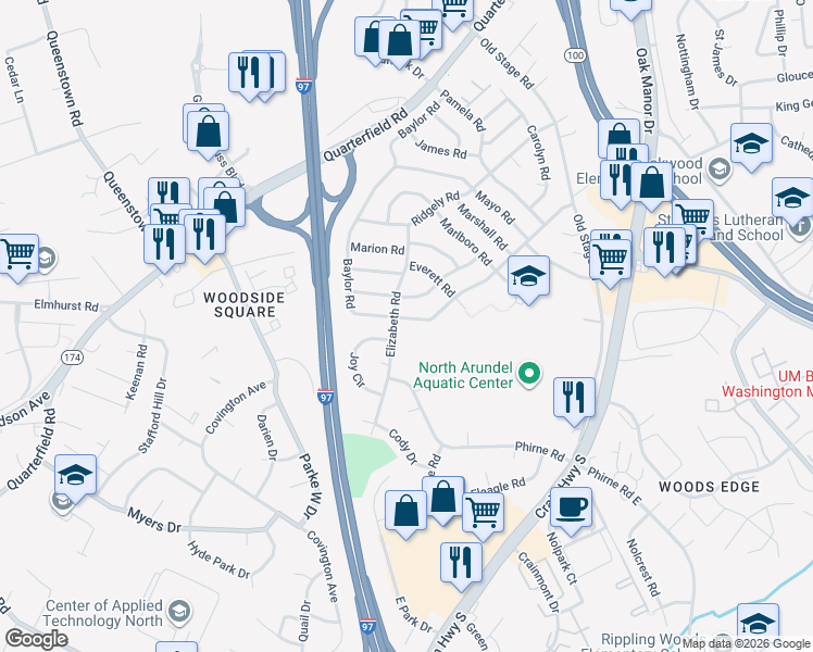 map of restaurants, bars, coffee shops, grocery stores, and more near 419 Baylor Road in Glen Burnie